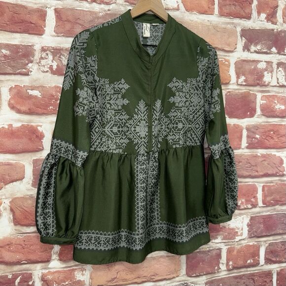 Konrad + Joseph Top Women's Small Green Gray Boho Abstract Casual Peasant Shirt - Picture 2 of 8